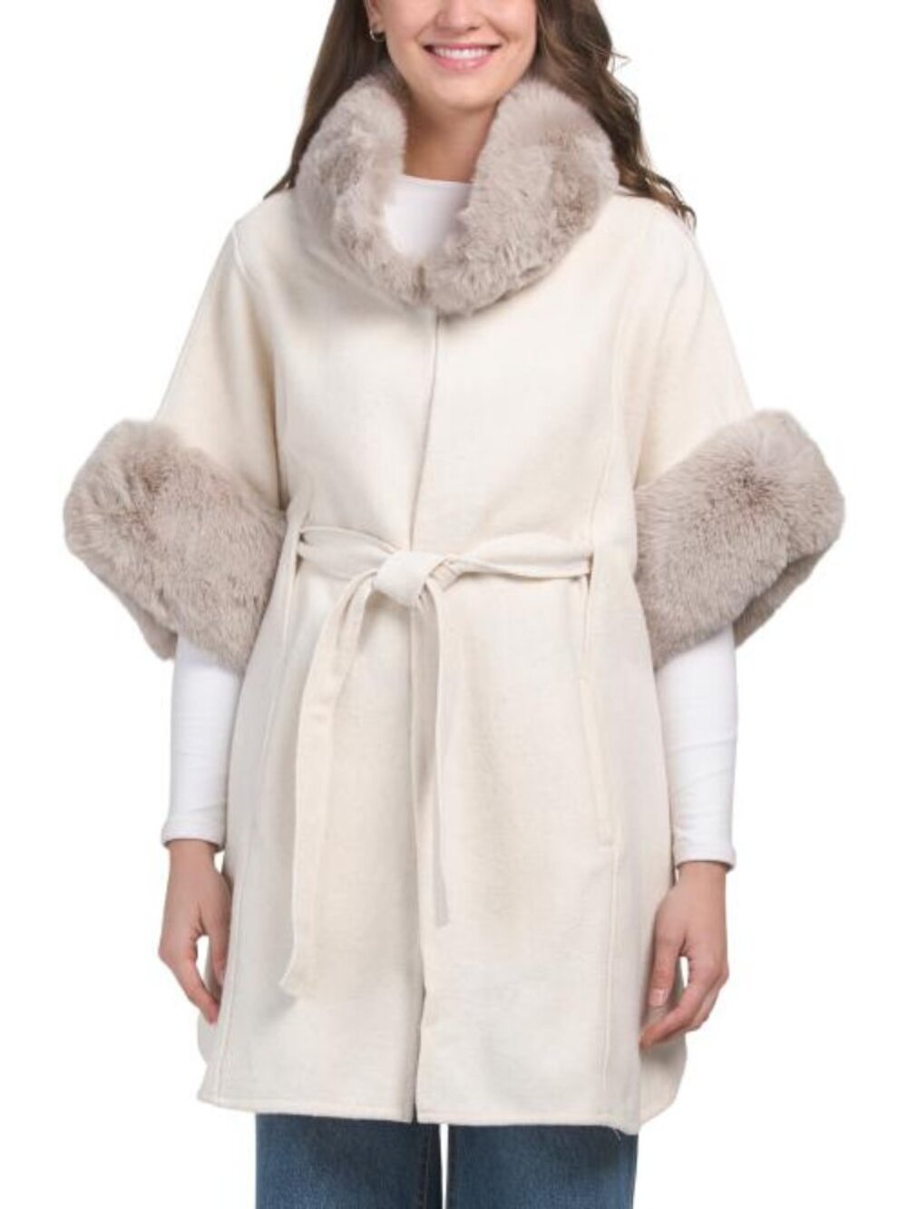 MAX STUDIO Kimono With Faux Mink Fur Collar And Cuffs